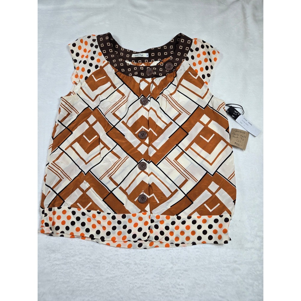 Whitley Multi Print 100% Silk Button Front Sleeveless Top New with tag L